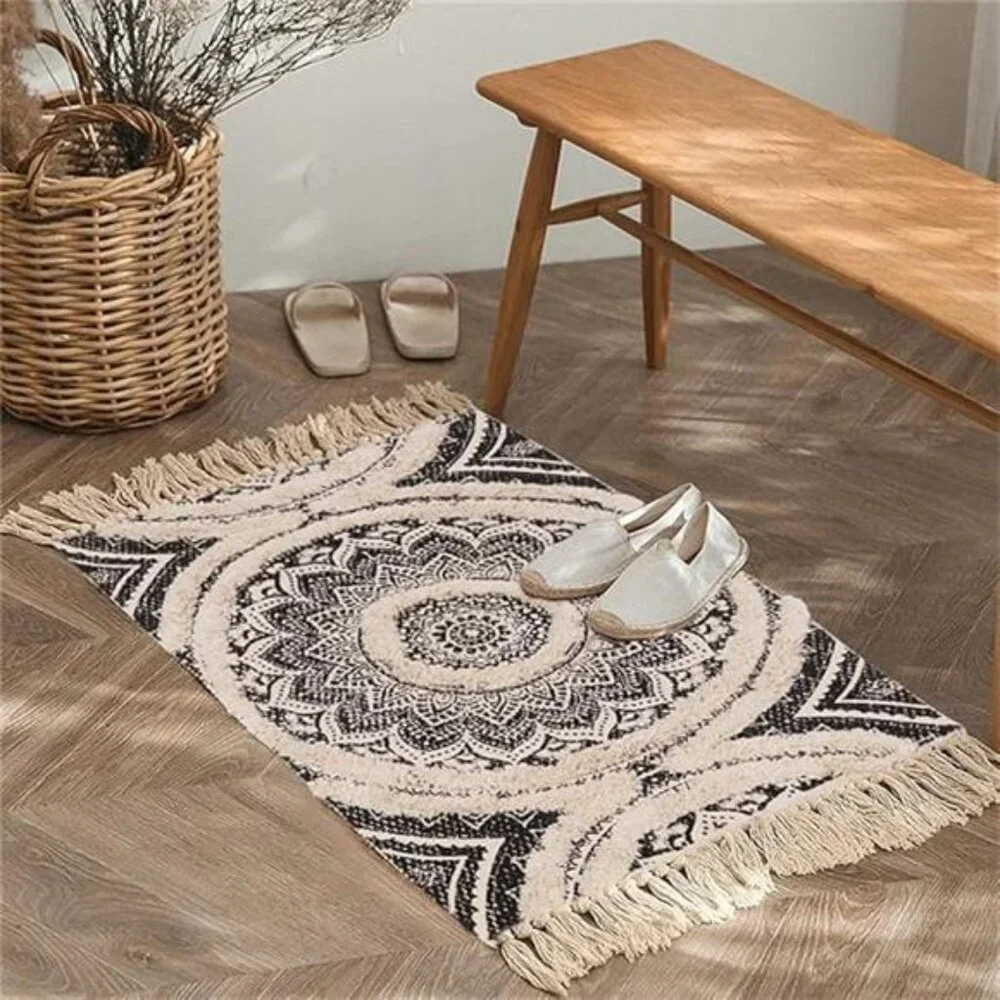 Cotton Rug, 2X3 Black Mandala Boho Rug, Hand Woven Bohemian Throw Rugs - Picture 7 of 7